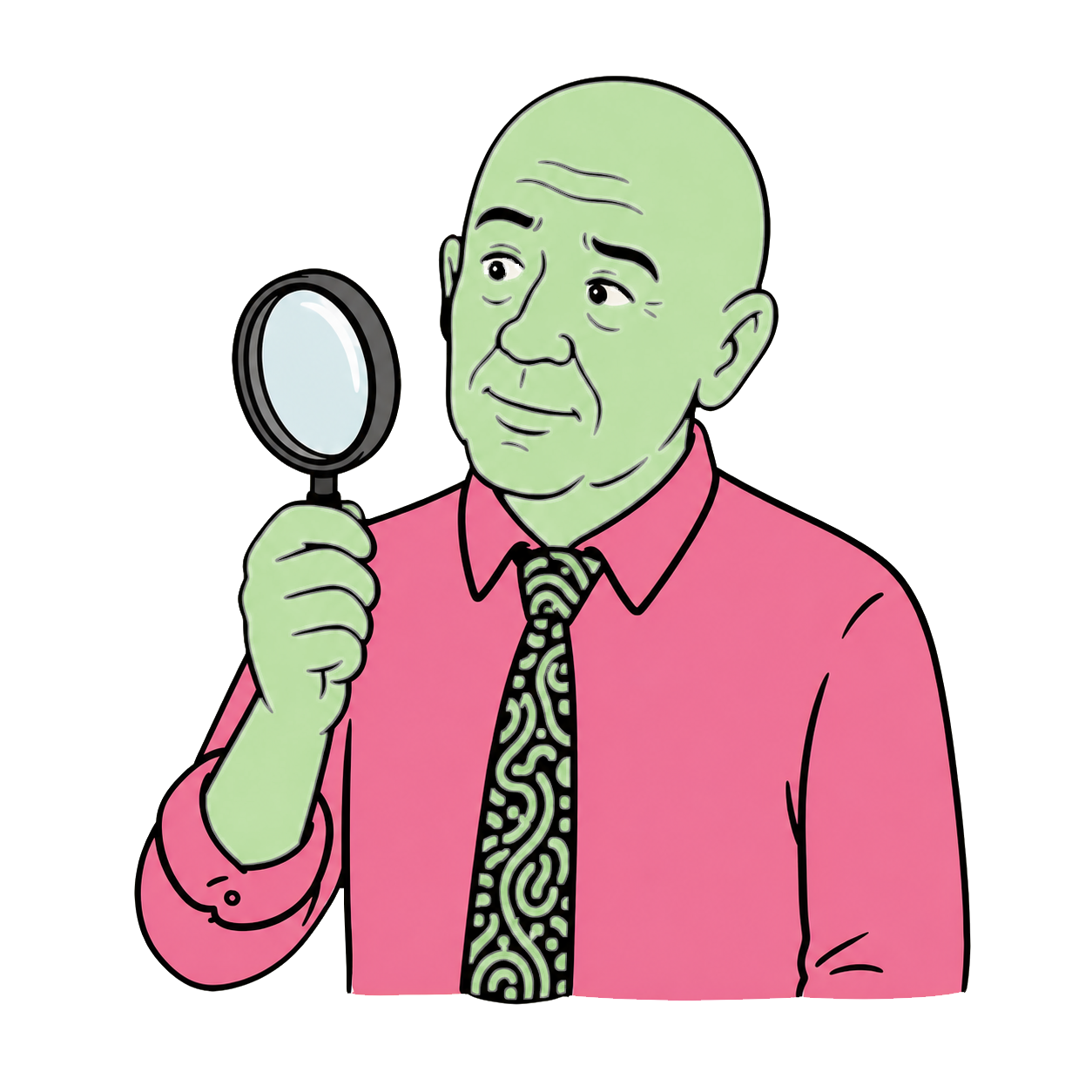 George, the Curious Boomer, holding a magnifying glass
